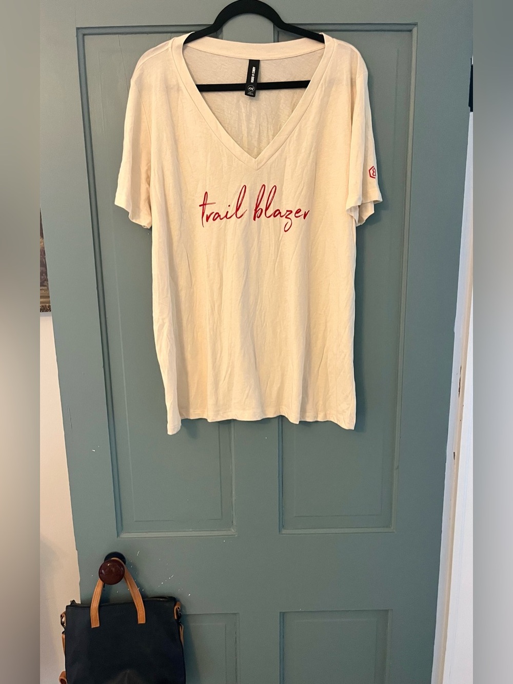 Agnes & Dora Cream V-Neck Tee with Red Script
